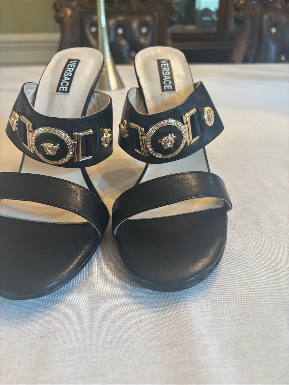 Versace Black Leather Crystal Medallion Slide Heels ( COPY) - Picture 3 of 7